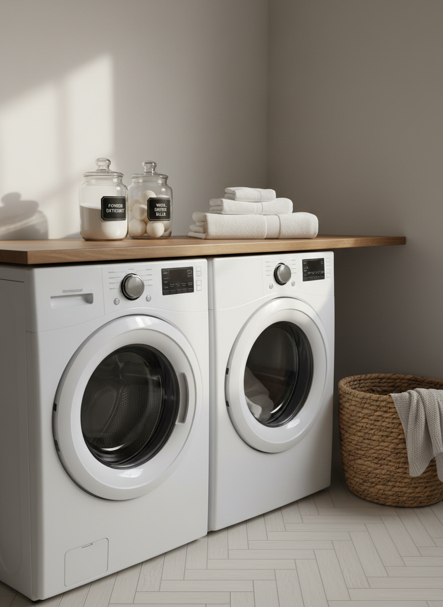 A serene laundry room corner styled to highlight simple routines, featuring a front-loading washer and dryer with spotless doors, a smooth wooden countertop above them holding two labeled glass jars filled with powder detergent and wool dryer balls, and a neatly folded stack of crisp white towels. A woven basket with a soft, cream knit blanket drapes casually over the edge, adding texture. Soft, natural daylight enters from an unseen side window, creating gentle shadows on the pale, matte wall and herringbone tile floor. Photographic realism, captured at eye level with a balanced composition, evoking a calm, elevated approach to everyday cleaning tasks.