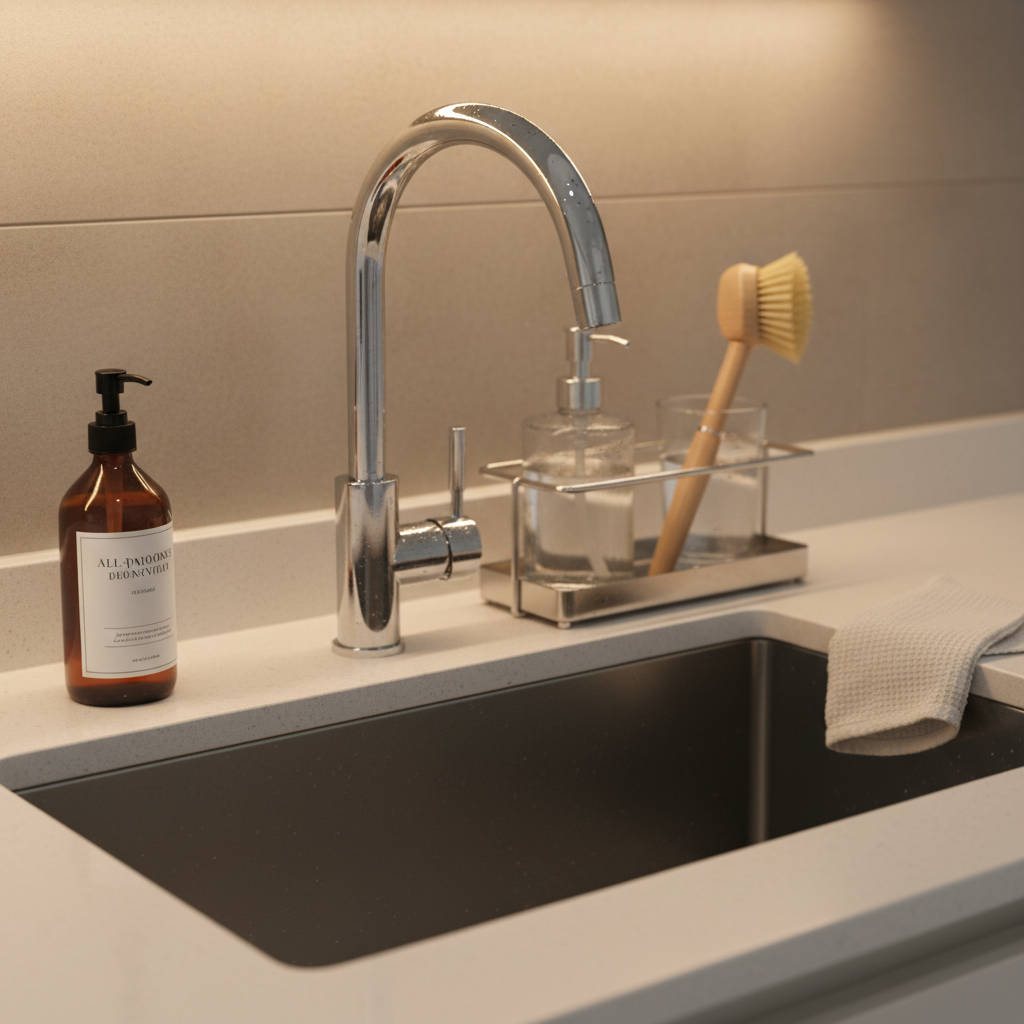 A spotless, modern kitchen sink scene showcasing the afterglow of a thorough cleaning session: a deep stainless steel sink gleaming under warm under-cabinet lighting, a high-arched chrome faucet with tiny water droplets catching the light, and a neatly arranged caddy holding a glass soap dispenser, a natural bristle dish brush, and a folded cream-colored dish towel. The quartz countertop is completely clutter-free except for a single amber glass bottle of all-purpose cleaner. Photographic realism with a slightly elevated angle, crisp focus in the foreground, and a softly blurred, neutral-toned backsplash, creating a serene, satisfied mood that celebrates the beauty of a freshly cleaned space.