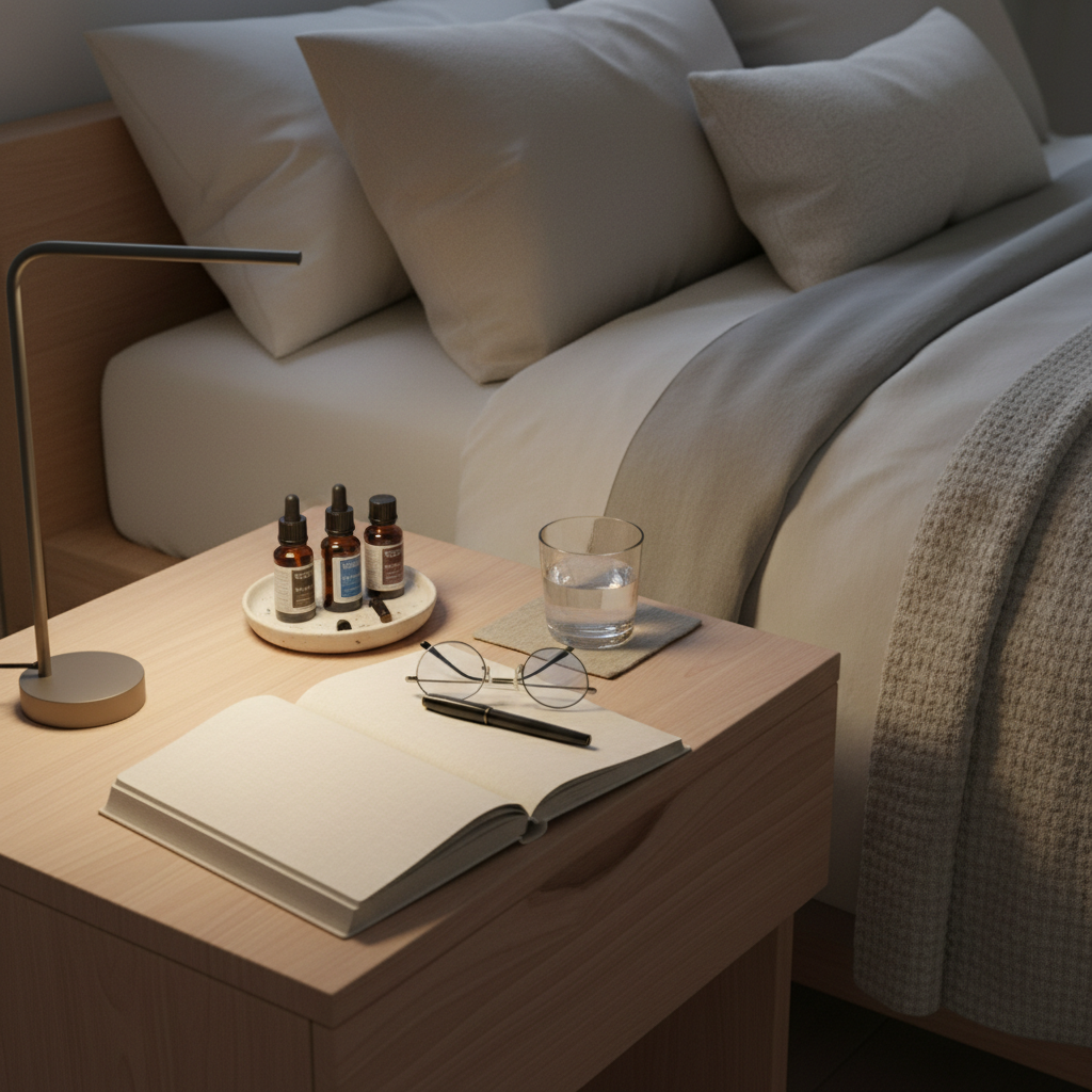 A refined bedroom nightstand vignette symbolizing balanced daily life, featuring a pale wood bedside table with a linen-textured journal, a slim black ink pen, a pair of minimalist blue-light glasses, and a small ceramic dish holding a few essential oil bottles. A delicate glass of water sits on a linen coaster beside a subtle, cordless reading lamp casting a warm, focused glow. The background reveals a neatly made bed with layered neutral linens and a textured throw. Photographic realism, captured from a slightly elevated, three-quarter angle, with soft, evening lighting creating a calm, reflective mood perfect for unwinding and planning tomorrow’s routines.