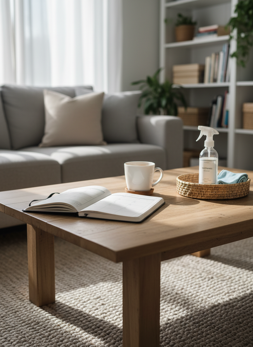 A meticulously organized living room coffee table styled for a productive morning, featuring a hardcover planner open to a neatly written daily schedule, a pristine white ceramic mug on a cork coaster, and a small woven tray holding a glass spray bottle of natural cleaner and a folded microfiber cloth. The table rests on a textured oatmeal-colored rug, with a pale grey sofa and tidy bookshelf softly blurred in the background. Gentle morning sunlight filters through sheer curtains, casting refined shadows and subtle highlights. Photographic realism, shot at eye level with a shallow depth of field, creating a calm, sophisticated atmosphere that suggests intentional daily routines and thoughtful lifestyle habits.