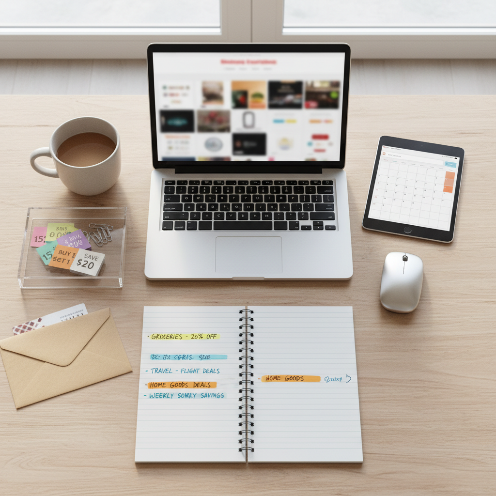A polished workspace flat lay centered around thoughtful lifestyle planning and deal-hunting, featuring a slim silver laptop partially open, a tablet displaying a softly blurred grid of product thumbnails, and a spiral-bound notepad with tidy handwritten lists and highlighted sections. Around them sit neatly arranged items: a sleek wireless mouse, a neutral-toned ceramic mug, a small clear acrylic tray holding discount tags and paper clips, and a closed kraft envelope with a visible coupon edge. Set on a light wood desk near a large window with diffused daylight, photographed from a true bird’s-eye view for clean composition, creating a sophisticated, intentional atmosphere of smart, organized everyday living.